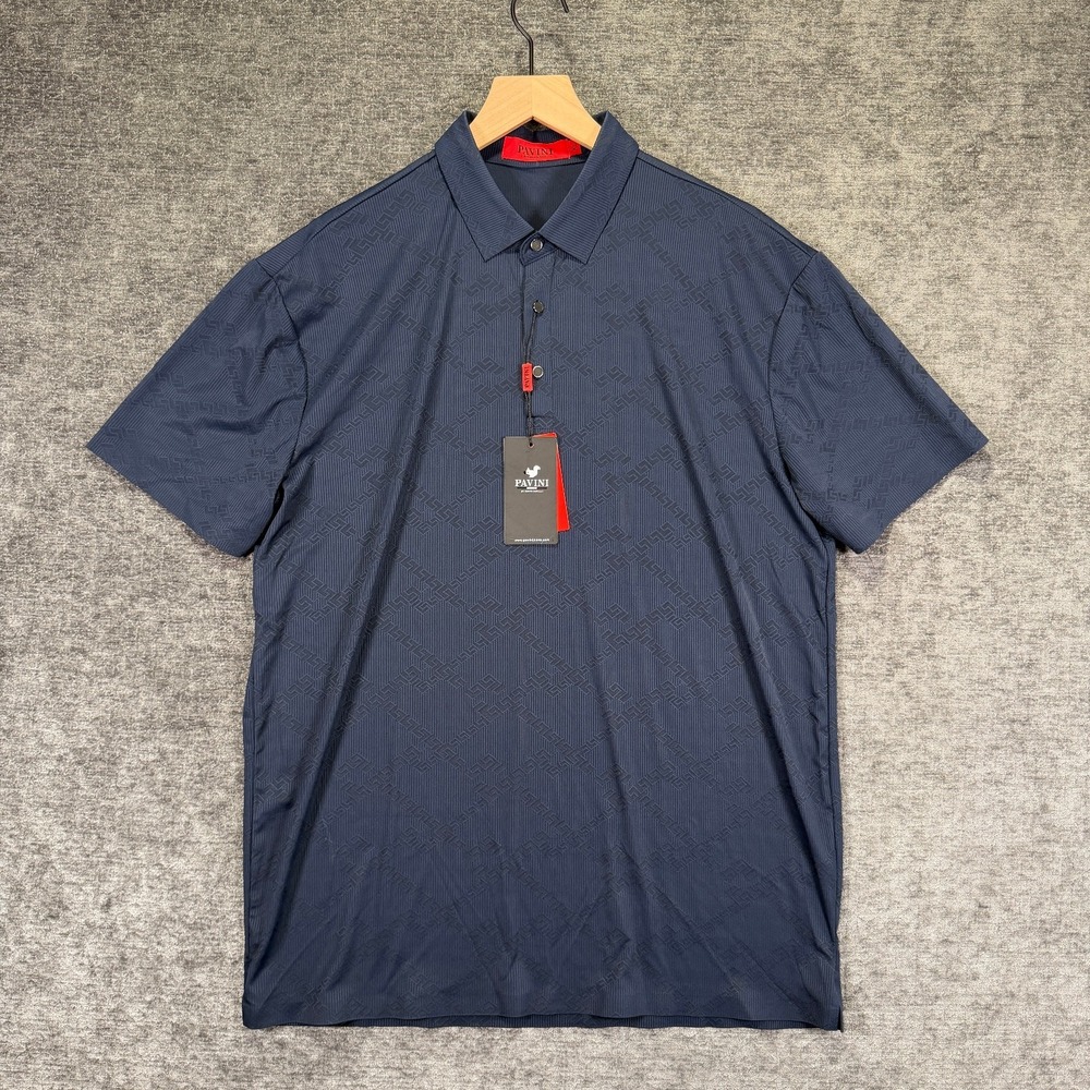 Pavini Polo Shirt Geometric Pattern‎ Navy Short Sleeve XL